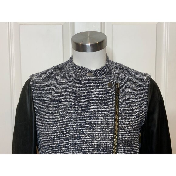 Theory Black & White Tweed Zip-Up Moto Jacket Lamb Leather Sleeves, Size 6 - Picture 2 of 12